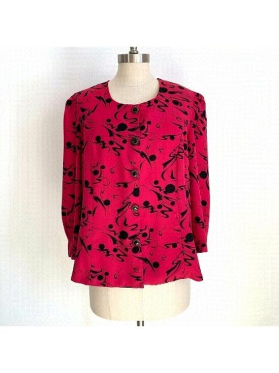 Chelsea Tops - Vintage Chelsea Hot Pink Black Abstract Print Rayon Blouse Top Size 14 80s 90s